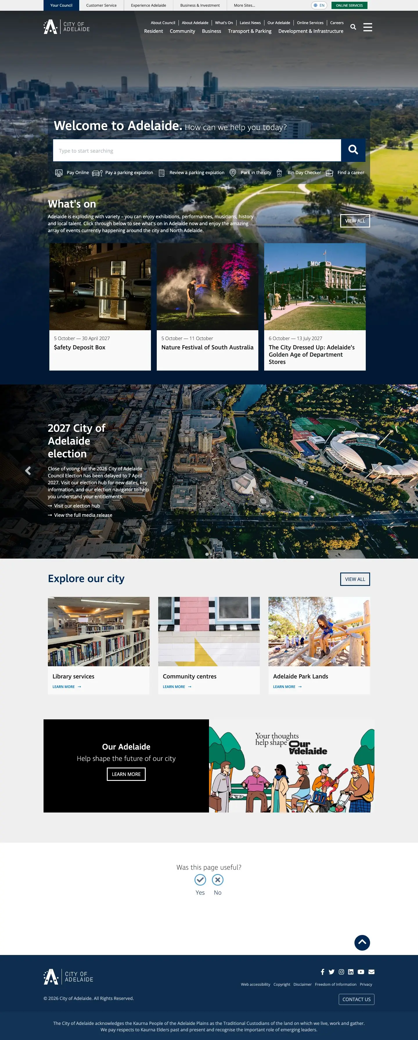 City of Adelaide website, scrolling through the home page
