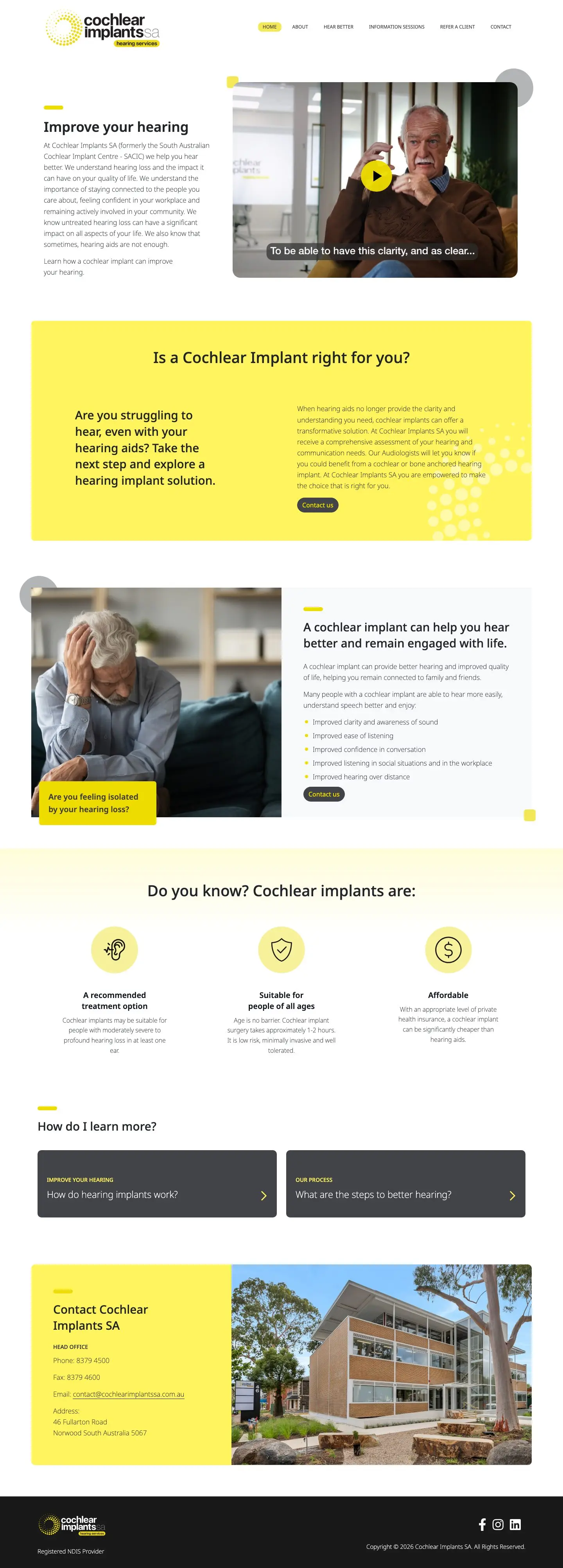 Cochlear Implants SA website, scrolling through the home page