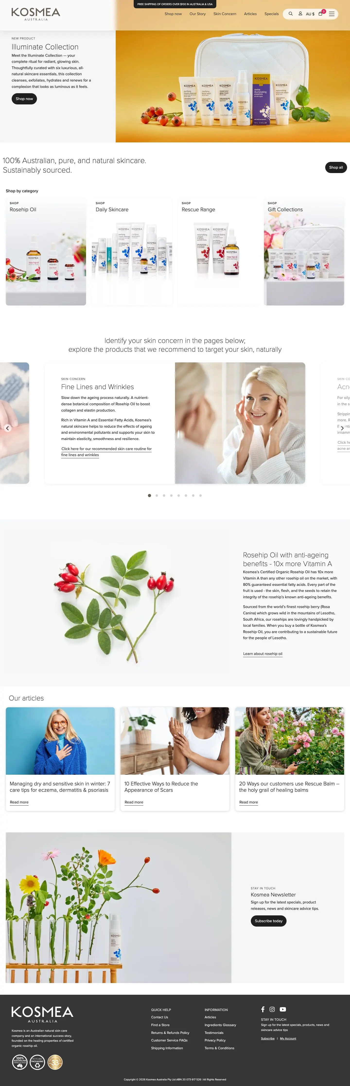Kosmea Australia website, scrolling through the home page