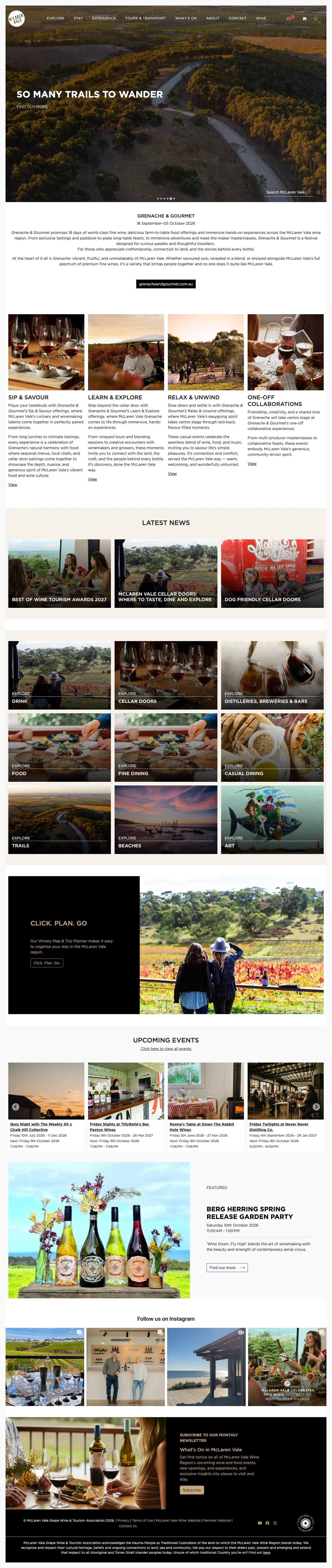 McLaren Vale website, scrolling through the home page