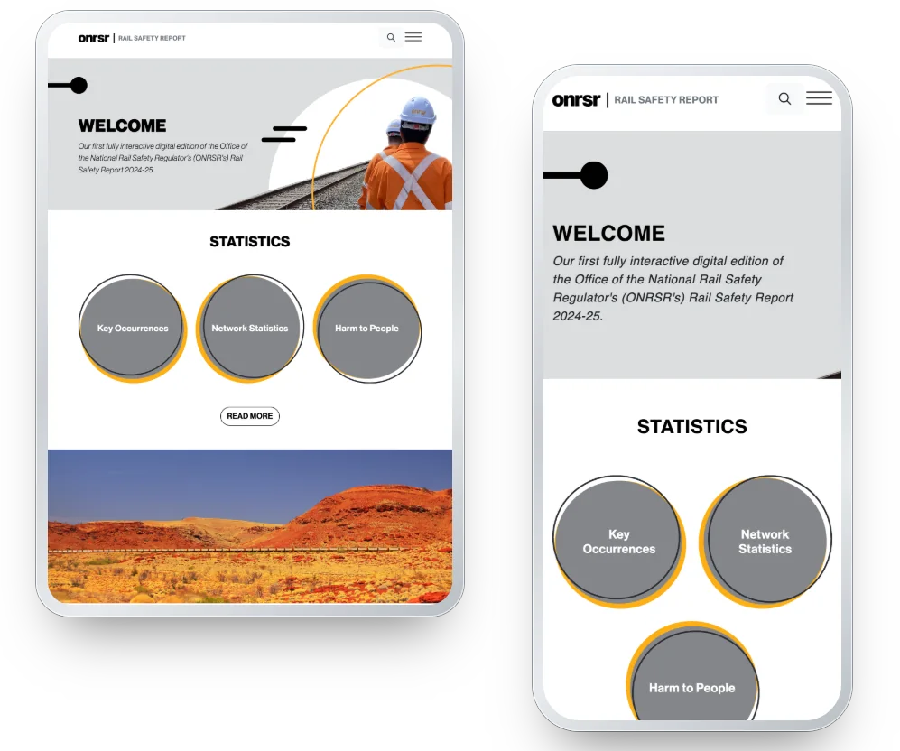 ONRSR Rail Safety Report 2024-25 website on a tablet and a phone
